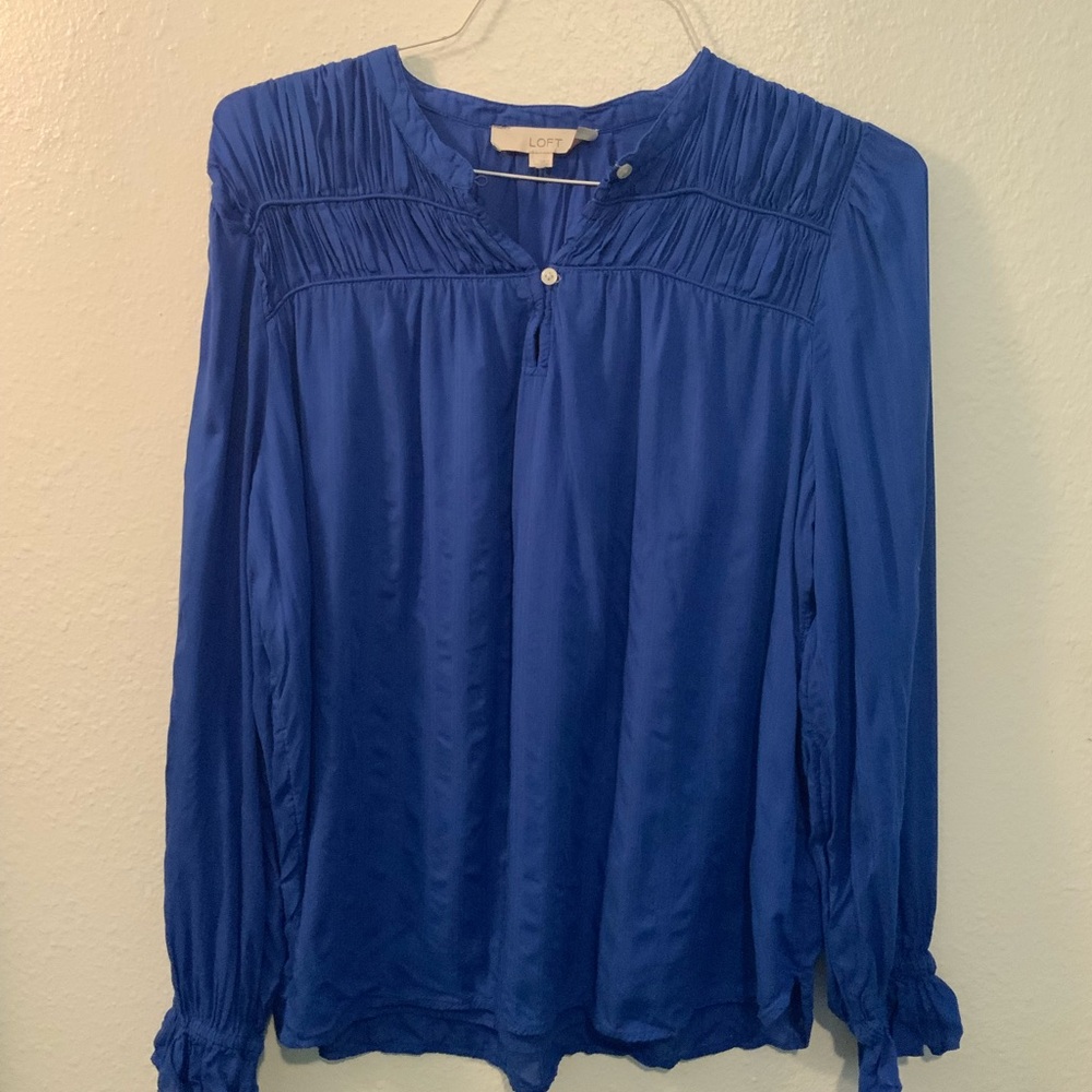 LOFT‎ Blue Smocked Mandarin Collar Blouse